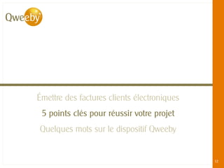 Émettre des factures clients électroniques
 5 points clés pour réussir votre projet
Quelques mots sur le dispositif Qweeby


                                                                                                   12
  © QWEEBY – 2012 – La technologie Qweeby est protégée par l’APP – Qweeby est une marque déposée
 