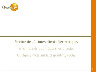 Émettre des factures clients électroniques
  5 points clés pour réussir votre projet
 Quelques mots sur le dispositif Qweeby


                                                                                                    2
   © QWEEBY – 2012 – La technologie Qweeby est protégée par l’APP – Qweeby est une marque déposée
 