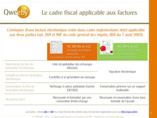 Le cadre fiscal applicable aux factures

 L’émission d’une facture électronique entre dans cadre réglementaire strict applicable
   aux deux parties (art. 289 et 96F du code général des impôts, BOI du 7 août 2003)

                                                             Art. 289 Bis du CGI                                  Art. 289 V du CGI
                                                             Echange de fichiers                                  Echange de fichiers
                                                             structurés                                           non structurés
                                            Couramment nommé Facture EDI                        Couramment nommé « PDF Signé »

Authenticité du flux de                       Liste récapitulative des échanges
facturation électronique                                   effectués
                                                                                                         Signature électronique
Intégrité du flux de facturation
                                           Contrôles à la génération du message
électronique

Conservation du flux de                     Archivage à valeur probatoire (norme               Conservation pérenne sur un support
facturation électronique                                  Z42-013)                                          inaltérable

                                               Nécessaire et formalisé par une                 Nécessaire et conservation d’une trace
Accord du client
                                                 convention d’inter-change                              formelle de l’accord


                   Les textes : article 289 et 96F du Code Général des Impôts (avec les décrets d’application parus au BOI d’août 2003)
                                                                                                                                          7
                         © QWEEBY – 2012 – La technologie Qweeby est protégée par l’APP – Qweeby est une marque déposée
 