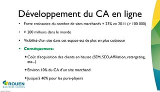 Développement du CA en ligne
                         • Forte croissance du nombre de sites marchands + 23% en 2011 (> 100 000)

                         • > 200 millions dans le monde

                         • Visibilité d’un site dans cet espace est de plus en plus coûteuse

                         • Conséquences:
                            ✦ Coût      d’acquisition des clients en hausse (SEM, SEO, Afﬁliation, retargeting,
                              etc...)
                            ✦ Environ     10% du CA d’un site marchand
                            ✦ Jusque’à    40% pour les pure-players


mercredi 15 février 12                                                                                            7
 