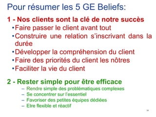 34
Pour résumer les 5 GE Beliefs:
1 - Nos clients sont la clé de notre succès
•Faire passer le client avant tout
•Construire une relation s’inscrivant dans la
durée
•Développer la compréhension du client
•Faire des priorités du client les nôtres
•Faciliter la vie du client
2 - Rester simple pour être efficace
– Rendre simple des problématiques complexes
– Se concentrer sur l’essentiel
– Favoriser des petites équipes dédiées
– Etre flexible et réactif
 