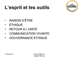 11 Mai 2013 www.C1NM.org
info@C1NM.org
L’esprit et les outils
• RAISON D’ÊTRE
• ÉTHIQUE
• RETOUR À L’UNITÉ
• COMMUNICATION VIVANTE
• GOUVERNANCE ÉTHIQUE
 