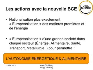 Les actions avec la nouvelle BCE
• Nationalisation plus exactement
« Européanisation » des matières premières et
de l’énergie
• « Européanisation » d’une grande société dans
chaque secteur (Énergie, Alimentaire, Santé,
Transport, Métallurgie..) pour permettre :
11 Mai 2013 www.C1NM.org
info@C1NM.org
L’AUTONOMIE ÉNERGÉTIQUE & ALIMENTAIRE
 
