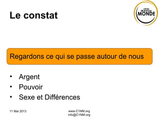 11 Mai 2013 www.C1NM.org
info@C1NM.org
Le constat
Regardons ce qui se passe autour de nous
• Argent
• Pouvoir
• Sexe et Différences
 
