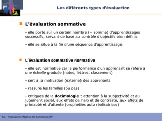 Les différents types d’évaluation


                 L’évaluation sommative
                     - elle porte sur un certain nombre (= somme) d’apprentissages
                     successifs, servant de base au contrôle d’objectifs bien définis

                     - elle se situe à la fin d’une séquence d’apprentissage



                 L’évaluation sommative normative

                     - elle est normative car la performance d’un apprenant se réfère à
                     une échelle graduée (notes, lettres, classement)

                     - sert à la motivation (externe) des apprenants

                     - rassure les familles (ou pas)

                     - critiques de la docimologie : attention à la subjectivité et au
                     jugement social, aux effets de halo et de contraste, aux effets de
                     primauté et d’attente (prophéties auto réalisatrices)


Ifac – Regroupement National des Formateurs 2011
 