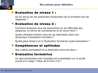 Des pistes pour débattre


                 Evaluation de niveau 1 :
                     Où en est-on de nos protocoles d’évaluation de la formation par les
                     stagiaires ?

                 Evaluation de niveau 2 :
                -    Comment évaluons-nous les acquisitions ou les difficultés des
                     stagiaires, en terme de connaissance et de savoir-faire ?
                -    Quelle utilisation faisons nous de ces feed-backs dans une
                     dynamique d’évaluation formative ?
                -    Quelle place laisse-t-on à l’évaluation formatrice (auto-évaluation) ?

                 Compétences et aptitudes
                     Nos critères permettent-ils la distinction entre les deux ?

                 Evaluation for matrice
                     Ce type d’évaluation est-il possible (et souhaitable) sur la durée
                     courte d’un stage ? Place de la fiche 119 ?



Ifac – Regroupement National des Formateurs 2011
 
