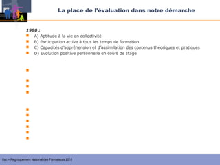 La place de l’évaluation dans notre démarche


                1980 :
                 A) Aptitude à la vie en collectivité
                 B) Participation active à tous les temps de formation
                 C) Capacités d’appréhension et d’assimilation des contenus théoriques et pratiques
                 D) Evolution positive personnelle en cours de stage


                1993 :
                 A) Action au sein du groupe pour favoriser un cadre agréable et des relations
                   harmonieuses
                 B) Développement de ses capacités de réflexion pédagogique
                 C) Maîtrise des techniques d’animation
                 D) Evolution positive au cours cours de stage


                Avant 2007:
                 A) Participation à tous les temps de formation
                 B) Intégration dans la vie collective
                 C) Participation au travail d’équipe
                 D) Organisation et conduite de séquences d’animation
                 + Développer ses capacités de réflexion pédagogique
                 + Evolution positive en cours de stage




Ifac – Regroupement National des Formateurs 2011
 