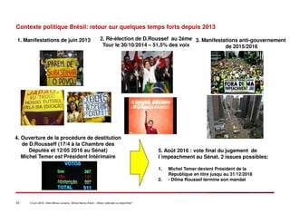 22 14 juin 2016 –Inter-Mines Lorraine / Mines Nancy Artem – Brésii: eldorado ou labyritnhe?
Contexte politique Brésil: retour sur quelques temps forts depuis 2013
1. Manifestations de juin 2013 3. Manifestations anti-gouvernement
de 2015/2016
2. Ré-élection de D.Roussef au 2ème
Tour le 30/10/2014 – 51,5% des voix
4. Ouverture de la procédure de destitution
de D.Rousseff (17/4 à la Chambre des
Députés et 12/05 2016 au Sénat)
Michel Temer est Président Intérimaire
5. Août 2016 : vote final du jugement de
l´impeachment au Sénat. 2 issues possibles:
1. Michel Temer devient Président de la
République en titre jusqu´au 31/12/2018
2. - Dilma Roussef termine son mandat
 