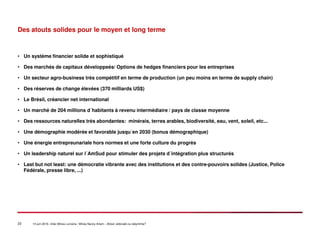 23 14 juin 2016 –Inter-Mines Lorraine / Mines Nancy Artem – Brésii: eldorado ou labyritnhe?
Des atouts solides pour le moyen et long terme
• Un système financier solide et sophistiqué
• Des marchés de capitaux développeés/ Options de hedges financiers pour les entreprises
• Un secteur agro-business très compétitif en terme de production (un peu moins en terme de supply chain)
• Des réserves de change élevées (370 milliards US$)
• Le Brésil, créancier net international
• Un marché de 204 millions d´habitants à revenu intermédiaire / pays de classe moyenne
• Des ressources naturelles très abondantes: minérais, terres arables, biodiversité, eau, vent, soleil, etc...
• Une démographie modérée et favorable jusqu´en 2030 (bonus démographique)
• Une énergie entrepreunariale hors normes et une forte culture du progrès
• Un leadership naturel sur l´AmSud pour stimuler des projets d´intégration plus structurés
• Last but not least: une démocratie vibrante avec des institutions et des contre-pouvoirs solides (Justice, Police
Fédérale, presse libre, ...)
 
