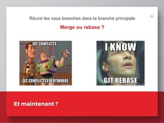Réunir les sous branches dans la branche principale
Merge ou rebase ?
Et maintenant ?
12
 