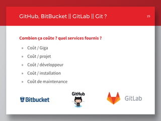 Combien ça coûte ? quel services fournis ?
» Coût / Giga
» Coût / projet
» Coût / développeur
» Coût / installation
» Coût de maintenance
25
GitHub, BitBucket || GitLab || Git ? 25
 