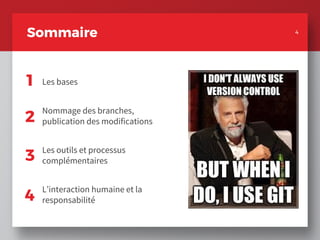 Les bases
Sommaire
1
2
3
4
Nommage des branches,
publication des modifications
Les outils et processus
complémentaires
L’interaction humaine et la
responsabilité
4
 