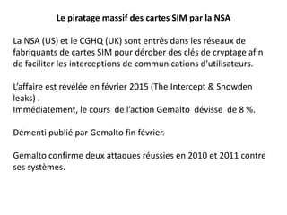 Le piratage massif des cartes SIM par la NSA
La NSA (US) et le CGHQ (UK) sont entrés dans les réseaux de
fabriquants de cartes SIM pour dérober des clés de cryptage afin
de faciliter les interceptions de communications d’utilisateurs.
L’affaire est révélée en février 2015 (The Intercept & Snowden
leaks) .
Immédiatement, le cours de l’action Gemalto dévisse de 8 %.
Démenti publié par Gemalto fin février.
Gemalto confirme deux attaques réussies en 2010 et 2011 contre
ses systèmes.
 