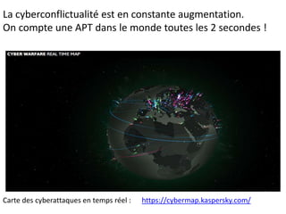 La cyberconflictualité est en constante augmentation.
On compte une APT dans le monde toutes les 2 secondes !
Carte des cyberattaques en temps réel : https://cybermap.kaspersky.com/
 