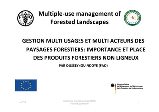 Multiple‐use management of
Forested Landscapes
GESTION MULTI USAGES ET MULTI ACTEURS DES
PAYSAGES FORESTIERS: IMPORTANCE ET PLACE
DES PRODUITS FORESTIERS NON LIGNEUX
PAR OUSSEYNOU NDOYE (FAO)
6/7/13
Conférence Internationale du CIFOR,
Yaoundé, Cameroun
1
 