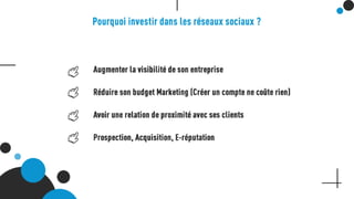 Pourquoi investir dans les réseaux sociaux ?
Augmenter la visibilité de son entreprise
Réduire son budget Marketing (Créer un compte ne coûte rien)
Avoir une relation de proximité avec ses clients
Prospection, Acquisition, E-réputation
 
