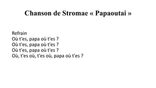 Chanson de Stromae « Papaoutai »
Refrain
Où t'es, papa où t'es ?
Où t'es, papa où t'es ?
Où t'es, papa où t'es ?
Où, t'es où, t'es où, papa où t'es ?
 