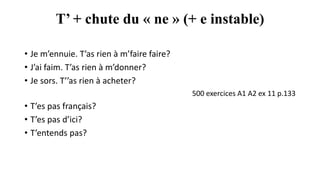 T’ + chute du « ne » (+ e instable)
• Je m’ennuie. T’as rien à m’faire faire?
• J’ai faim. T’as rien à m’donner?
• Je sors. T’’as rien à acheter?
500 exercices A1 A2 ex 11 p.133
• T’es pas français?
• T’es pas d’ici?
• T’entends pas?
 
