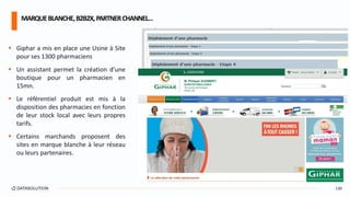  Giphar a mis en place une Usine à Site
pour ses 1300 pharmaciens
 Un assistant permet la création d’une
boutique pour un pharmacien en
15mn.
 Le référentiel produit est mis à la
disposition des pharmacies en fonction
de leur stock local avec leurs propres
tarifs.
 Certains marchands proposent des
sites en marque blanche à leur réseau
ou leurs partenaires.
MARQUEBLANCHE,B2B2X,PARTNERCHANNEL…
130
 