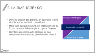 2. LA SIMPLICITÉ : KO
• Dans la plupart des projets, on souhaite « faire
simple » pour le client… au départ
• Mais face aux points durs, en particulier liés au
SI, on tend à « faire simple »… pour l’interne
• Combien de comités de pilotage où des
compromis sont faits au détriment du client ?
Simple pour l’entreprise
Simple pour le client
Qui prend la complexité ?
 