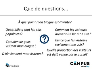 Que de questions...
À quel point mon blogue est-il visité?
Combien de gens
visitent mon blogue?
Est-ce que les visiteurs
reviennent me voir?
Quelle proportion des visiteurs
est déjà venue par le passé?D’où viennent mes visiteurs?
Quels billets sont les plus
populaires?
Comment les visiteurs
arrivent-ils sur mon site?
 