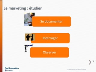 Interroger
Observer
Se documenter
Le marketing : étudier
Le marketing du restaurateur
4
 