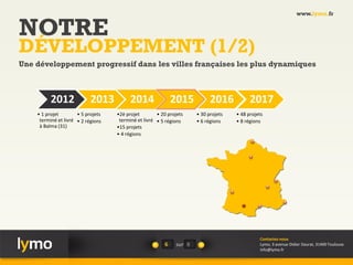 2012
• 1 projet
terminé et livré
à Balma (31)
2013
• 5 projets
• 2 régions
2014
•2è projet
terminé et livré
•15 projets
• 4 régions
2015
• 20 projets
• 5 régions
2016
• 30 projets
• 6 régions
2017
• 48 projets
• 8 régions
NOTRE
DÉVELOPPEMENT (1/2)
Une développement progressif dans les villes françaises les plus dynamiques
6 sur
www.lymo.fr
Contactez-nous
Lymo, 3 avenue Didier Daurat, 31400 Toulouse
info@lymo.fr
8
 
