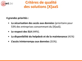 Critères de qualité
des solutions [X]aaS
4 grandes priorités :
• La sécurisation des accès aux données (prioritaire pour
53% des entreprises consommant du [X]aaS).
• Le respect des SLA (44%).
• La disponibilité du helpdesk et de la maintenance (41%)
• L’accès ininterrompu aux données (31%).
 