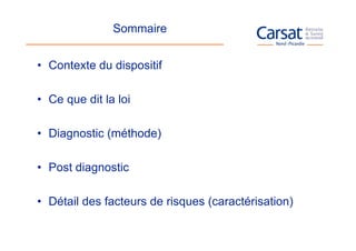 Sommaire


• Contexte du dispositif

• Ce que dit la loi

• Diagnostic (méthode)

• Post diagnostic

• Détail des facteurs de risques (caractérisation)
 