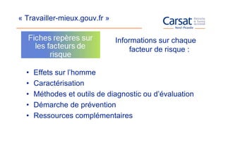 « Travailler-mieux.gouv.fr »

                               Informations sur chaque
                                    facteur de risque :


  •   Effets sur l’homme
  •   Caractérisation
  •   Méthodes et outils de diagnostic ou d’évaluation
  •   Démarche de prévention
  •   Ressources complémentaires
 