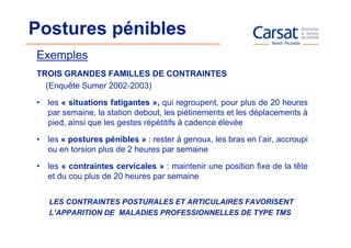 Postures pénibles
Exemples
TROIS GRANDES FAMILLES DE CONTRAINTES
  (Enquête Sumer 2002-2003)

• les « situations fatigantes », qui regroupent, pour plus de 20 heures
  par semaine, la station debout, les piétinements et les déplacements à
  pied, ainsi que les gestes répétitifs à cadence élevée

• les « postures pénibles » : rester à genoux, les bras en l’air, accroupi
  ou en torsion plus de 2 heures par semaine

• les « contraintes cervicales » : maintenir une position fixe de la tête
  et du cou plus de 20 heures par semaine


   LES CONTRAINTES POSTURALES ET ARTICULAIRES FAVORISENT
   L’APPARITION DE MALADIES PROFESSIONNELLES DE TYPE TMS
 