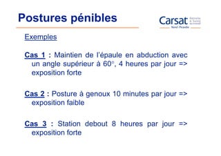 Postures pénibles
 Exemples

 Cas 1 : Maintien de l’épaule en abduction avec
  un angle supérieur à 60°, 4 heures par jour =>
  exposition forte

 Cas 2 : Posture à genoux 10 minutes par jour =>
  exposition faible

 Cas 3 : Station debout 8 heures par jour =>
  exposition forte
 
