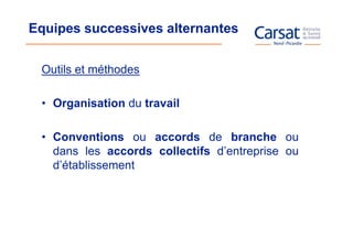 Equipes successives alternantes


 Outils et méthodes

 • Organisation du travail

 • Conventions ou accords de branche ou
   dans les accords collectifs d’entreprise ou
   d’établissement
 