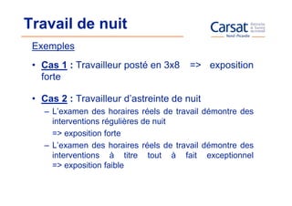 Travail de nuit
 Exemples
 • Cas 1 : Travailleur posté en 3x8     => exposition
   forte

 • Cas 2 : Travailleur d’astreinte de nuit
    – L’examen des horaires réels de travail démontre des
      interventions régulières de nuit
      => exposition forte
    – L’examen des horaires réels de travail démontre des
      interventions à titre tout à fait exceptionnel
      => exposition faible
 