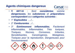 Agents chimiques dangereux
 • R     4411-6    :    Sont   considérées     comme
   dangereuses, les substances et préparations
   correspondant aux catégories suivantes :
 • 1° Explosibles ..../...
 • 2° Comburantes .../...
 • 3° Extrêmement inflammables, Facilement
   inflammables,     Inflammables,    Très   toxiques,
   Toxiques,     Nocives,     Corrosives,   Irritantes,
   Sensibilisantes,      Cancérogènes,     Mutagènes,
   Toxiques pour la reproduction, Dangereuses pour
   l'environnement
 