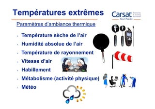 Températures extrêmes
Paramètres d’ambiance thermique

  Température sèche de l’air
  Humidité absolue de l’air
  Température de rayonnement
  Vitesse d’air
  Habillement
  Métabolisme (activité physique)
  Météo
 