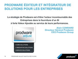 PRODWARE ÉDITEUR ET INTÉGRATEUR DE SOLUTIONS POUR LES ENTREPRISES 
10 
PRODWARE ADJUST WASTE & RECYCLING 
La stratégie de Prodware est d’être l’acteur incontournable des 
Entreprises dans la fourniture d’un SI 
à forte Valeur Ajoutée au service de leurs performances. 
Alain CONRARD 
Directeur Général Prodware 
CEO Prodware Group 
 