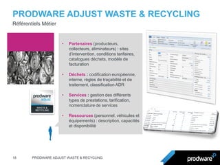 PRODWARE ADJUST WASTE & RECYCLING 
18 
PRODWARE ADJUST WASTE & RECYCLING 
Référentiels Métier 
•Partenaires (producteurs, collecteurs, éliminateurs) : sites d’intervention, conditions tarifaires, catalogues déchets, modèle de facturation 
•Déchets : codification européenne, interne, règles de traçabilité et de traitement, classification ADR 
•Services : gestion des différents types de prestations, tarification, nomenclature de services 
•Ressources (personnel, véhicules et équipements) : description, capacités et disponibilité  