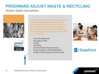 PRODWARE ADJUST WASTE & RECYCLING 
27 
PRODWARE ADJUST WASTE & RECYCLING 
Intranet / Gestion documentaire 
Les entreprises évoluent en permanence vers des organisations adaptées aux développements des normes Qualité, de la distribution et de la consommation, des modes de fixation du prix. Elles ont donc besoin de davantage de pro activité et de souplesse. 
•Intranet collaboratif 
•Navigateur Web 
•Portail 
•Workflow 
•Automatisation des processus 
•Projet Qualité et dématérialisation 
•Gestion Electronique de Documents  