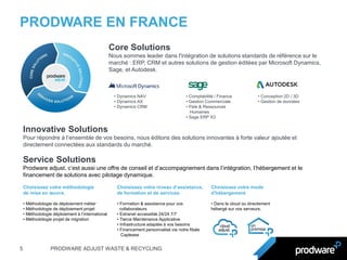PRODWARE ADJUST WASTE & RECYCLING 
PRODWARE EN FRANCE 
Core Solutions 
Nous sommes leader dans l'intégration de solutions standards de référence sur le marché : ERP, CRM et autres solutions de gestion éditées par Microsoft Dynamics, Sage, et Autodesk. 
• Dynamics NAV 
• Dynamics AX 
• Dynamics CRM 
• Comptabilité / Finance 
• Gestion Commerciale 
• Paie & Ressources 
Humaines 
• Sage ERP X3 
• Conception 2D / 3D 
• Gestion de données 
Innovative Solutions 
Pour répondre à l’ensemble de vos besoins, nous éditons des solutions innovantes à forte valeur ajoutée et directement connectées aux standards du marché. 
Service Solutions 
Prodware adjust, c’est aussi une offre de conseil et d’accompagnement dans l’intégration, l’hébergement et le financement de solutions avec pilotage dynamique. 
Choisissez votre méthodologie de mise en oeuvre. 
• Méthodologie de déploiement métier 
• Méthodologie de déploiement projet 
• Méthodologie déploiement à l’international 
• Méthodologie projet de migration 
Choisissez votre niveau d’assistance, de formation et de services. 
• Formation & assistance pour vos 
collaborateurs 
• Extranet accessible 24/24 7/7 
• Tierce Maintenance Applicative 
• Infrastructure adaptée à vos besoins 
• Financement personnalisé via notre filiale 
Caplease 
Choisissez votre mode d'hébergement. 
• Dans le cloud ou directement 
hébergé sur vos serveurs. 
5  