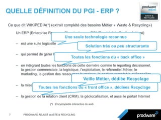 7 
PRODWARE ADJUST WASTE & RECYCLING 
Un ERP (Enterprise Resource Planning) ou un PGI (Progiciel de Gestion Intégré) 
–est une suite logicielle 
–qui permet de gérer l'ensemble des processus opérationnels d'une entreprise 
–en intégrant toutes les fonctions de cette dernière comme le reporting décisionnel, la gestion commerciale, la logistique, l'exploitation, le référentiel Métier, le marketing, la gestion des ressources humaines, la gestion comptable et financière 
–la mise à jour de la règlementation 
–la gestion de la relation client (CRM), la géolocalisation, et aussi le portail Internet 
QUELLE DÉFINITION DU PGI - ERP ? 
Ce que dit WIKIPEDIA(*) (extrait complété des besoins Métier « Waste & Recycling») 
Une seule technologie reconnue 
Solution très ou peu structurante 
Toutes les fonctions du « back office » 
Toutes les fonctions du « front office », dédiées Recyclage 
Veille Métier, dédiée Recyclage 
(*) : Encyclopédie interactive du web  