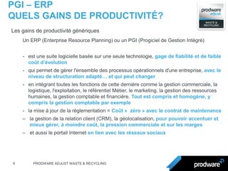 8 
PRODWARE ADJUST WASTE & RECYCLING 
PGI – ERP 
QUELS GAINS DE PRODUCTIVITÉ? 
Les gains de productivité génériques 
Un ERP (Enterprise Resource Planning) ou un PGI (Progiciel de Gestion Intégré) 
-est une suite logicielle basée sur une seule technologie, gage de fiabilité et de faible coût d’évolution 
-qui permet de gérer l'ensemble des processus opérationnels d'une entreprise, avec le niveau de structuration adapté… et qui peut changer 
-en intégrant toutes les fonctions de cette dernière comme la gestion commerciale, la logistique, l'exploitation, le référentiel Métier, le marketing, la gestion des ressources humaines, la gestion comptable et financière. Tout est compris et homogène, y compris la gestion comptable par exemple 
-la mise à jour de la règlementation = Coût « zéro » avec le contrat de maintenance 
–la gestion de la relation client (CRM), la géolocalisation, pour pouvoir accentuer et mieux gérer, à moindre coût, la pression commerciale et sur les marges 
–et aussi le portail Internet en lien avec les réseaux sociaux  