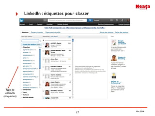 17
‣ LinkedIn : étiquettes pour classer
Type de
contacts
(étiquettes)
Mai 2014
 
