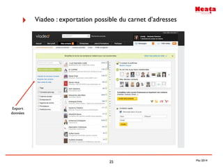25
‣ Viadeo : exportation possible du carnet d’adresses
Export
données
Mai 2014
 