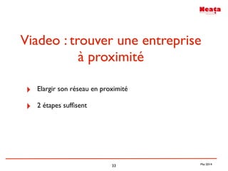 33
Viadeo : trouver une entreprise
à proximité
‣ Elargir son réseau en proximité
‣ 2 étapes sufﬁsent
Mai 2014
 