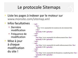 Le protocole SitemapsListe les pages à indexer par le moteur sur www.monsite.com/sitemap.xmlInfos facultativesDernièremodificationFréquence demodificationMise à jour à chaque modification du site !