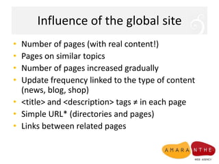 Influence of the global siteNumber of pages (with real content!)Pages on similartopicsNumber of pages increased graduallyUpdate frequency linked to the type of content (news, blog, shop)<title> and <description> tags ≠ in each pageSimple URL* (directories and pages)Links betweenrelated pages