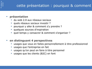 slided by
nereÿs

                     cette présentation : pourquoi & comment
©




             présentation
                  du web 2.0 aux réseaux sociaux
                  quels réseaux sociaux investir ?
                  pourquoi y aller & comment s’y prendre ?
                  quelques sources d’inspiration
                  quel temps y consacrer & comment s’organiser ?


             en distinguant 4 perspectives
                  usages   que vous en faites personnellement à titre professionnel
                  usages   que l’entreprise en fait
                  usages   qu’on peut en faire à titre personnel
                  usages   que les clients (B2C) en font
 