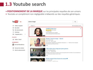 • POSITIONNEMENT DE LA MARQUE sur les principales requêtes de son univers
• Youtube un complément non négligeable à Adwords sur des requêtes génériques.
1.3 Youtube search
 