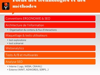 Focus des technologies et des méthodes

Conventions ERGONOMIE & SEO

Architecture de l'information
 • Organisation du contenu & flux d’interactions

Maquettage & tests utilisateurs
 • test exploratoire
 • test scénarisé
Webanalytics

Tests A/B et multivariés

Analyse SEO
 • Interne ( Logs, WEBA, CRAWL)
 • Externe (WMT, ADWORDS, SERPS...)
 